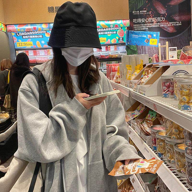 灰色连帽运动衫外套女2025新款春秋宽松慵懒风中长版拉炼开衫上衣