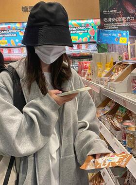 灰色连帽运动衫外套女2025新款春秋宽松慵懒风中长版拉炼开衫上衣