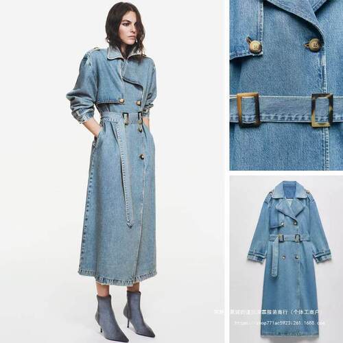 Womens Long Double Breasted Denim Jacket Oversized Button