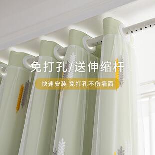 卧室窗帘遮光2025新款 飘窗双层纱帘整套布纱一体 免打孔伸缩杆安装