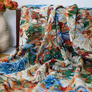 复古美式油画厚实箱包时装布料彩色桌布抱枕色织提花粗纺布料