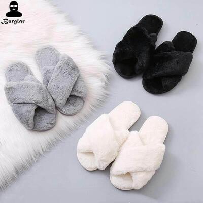Women Warm Fluffy Slippers Cozy Faux Fur Cross Indoor Slides