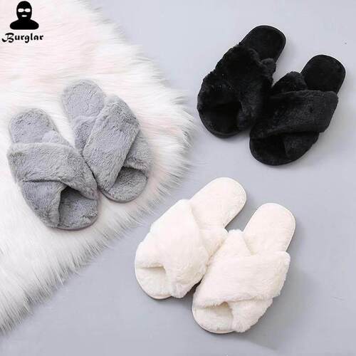 Women Warm Fluffy Slippers Cozy Faux Fur Cross Indoor Slides