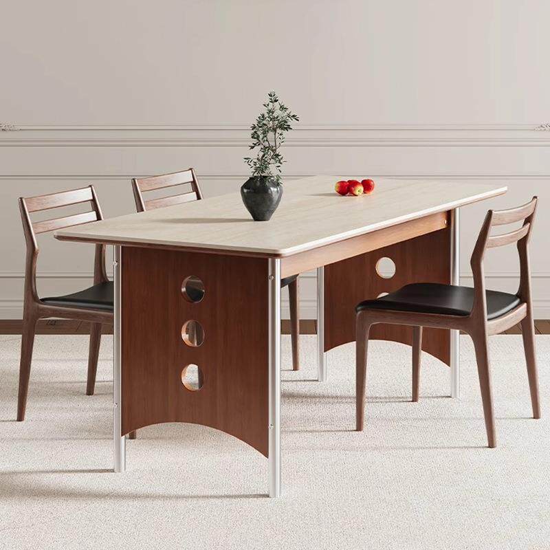 中古风实木洞石岩板长餐桌椅组合家用饭桌小户型白蜡木长方形桌