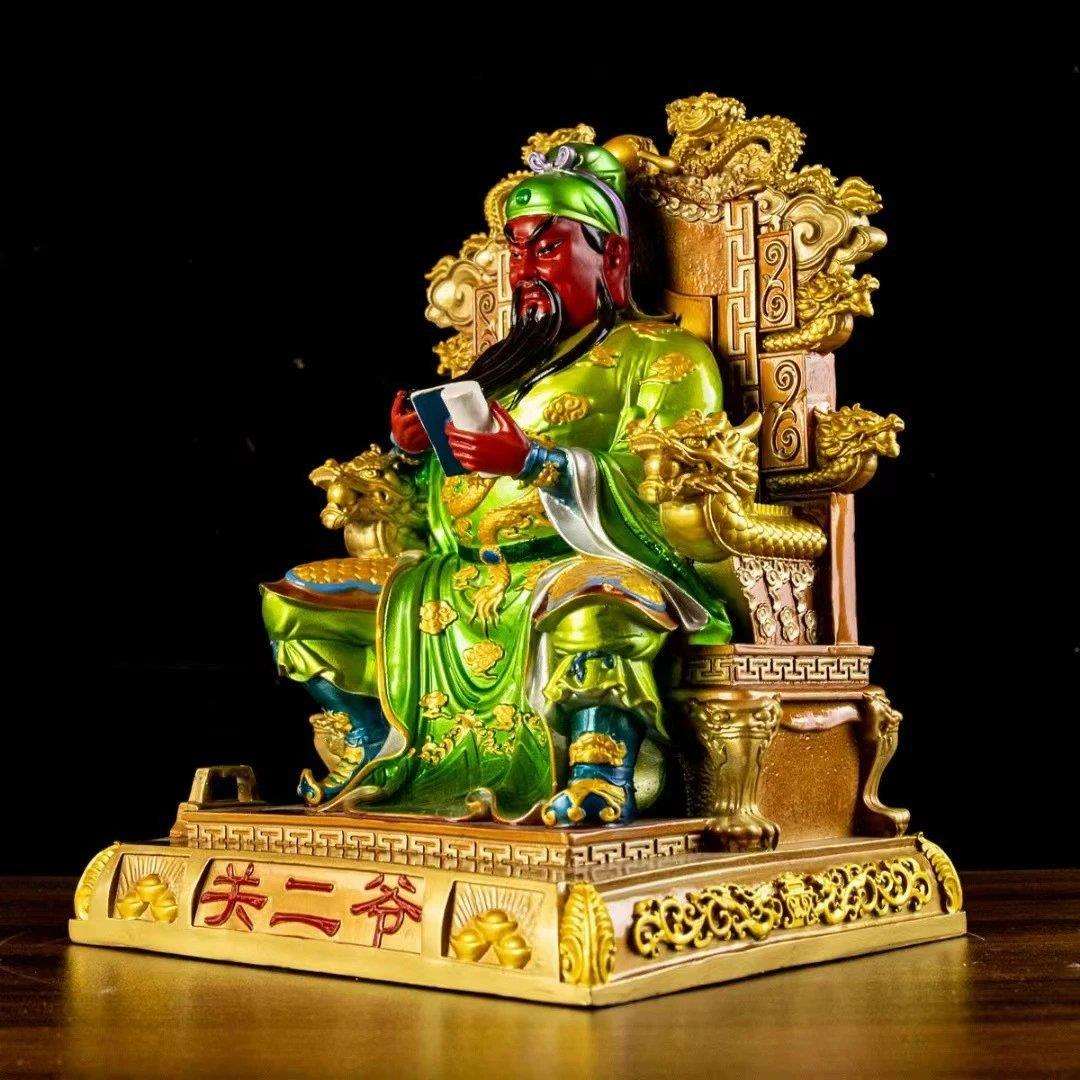 彩绘全铜关公摆件客厅看书关公坐像家用供奉武财神关羽关二爷神像