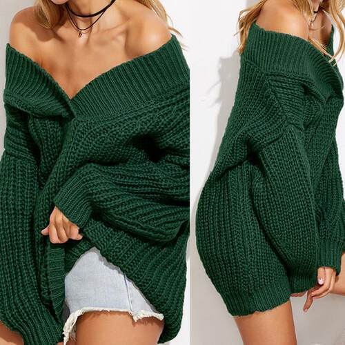 Off shoulder long sleeved warm sweater for women