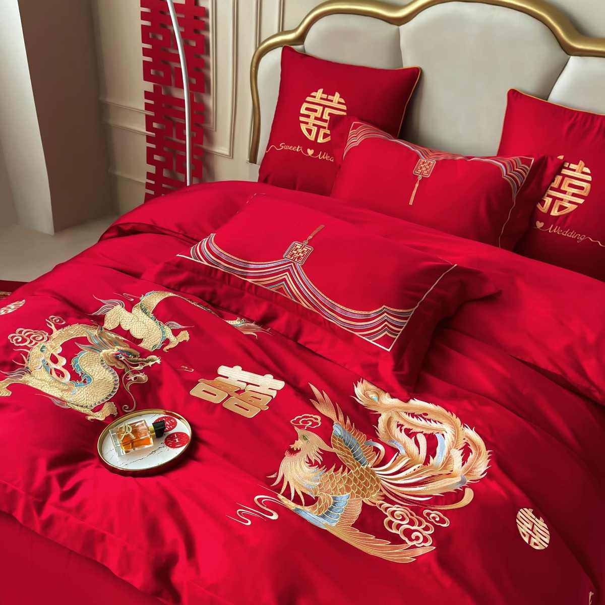 件套婚床上用品新结婚刺绣龙凤件套四磨毛六中式刺绣红色好物备,床上用品,婚庆床品套件,淘宝优惠券,粉丝福利购,淘宝优惠卷
