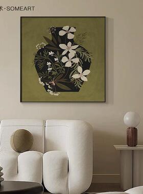 中古风客厅装饰画画法式覆古小众饭厅卧室壁画画墨绿色玄关正方形