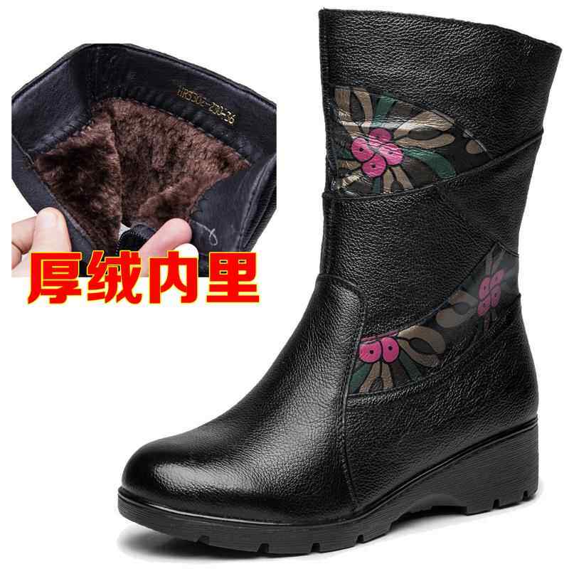 正品老年母亲用全层皮真皮牛短靴坡跟中女女皮靴暖软底防滑靴