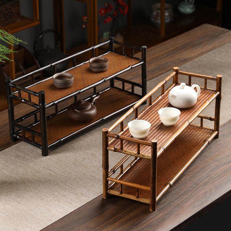 紫竹双层茶杯收纳层架桌面茶道茶具置物架竹制茶棚博古架茶壶展示