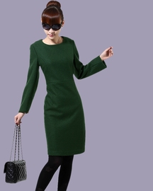 秋冬羊毛常规一步毛呢冬季单件长袖淑女打底绿色真品连衣裙