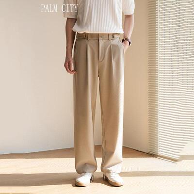 palm city羊毛混纺卡其色宽松垂坠感西裤男春夏季老钱直筒休闲裤