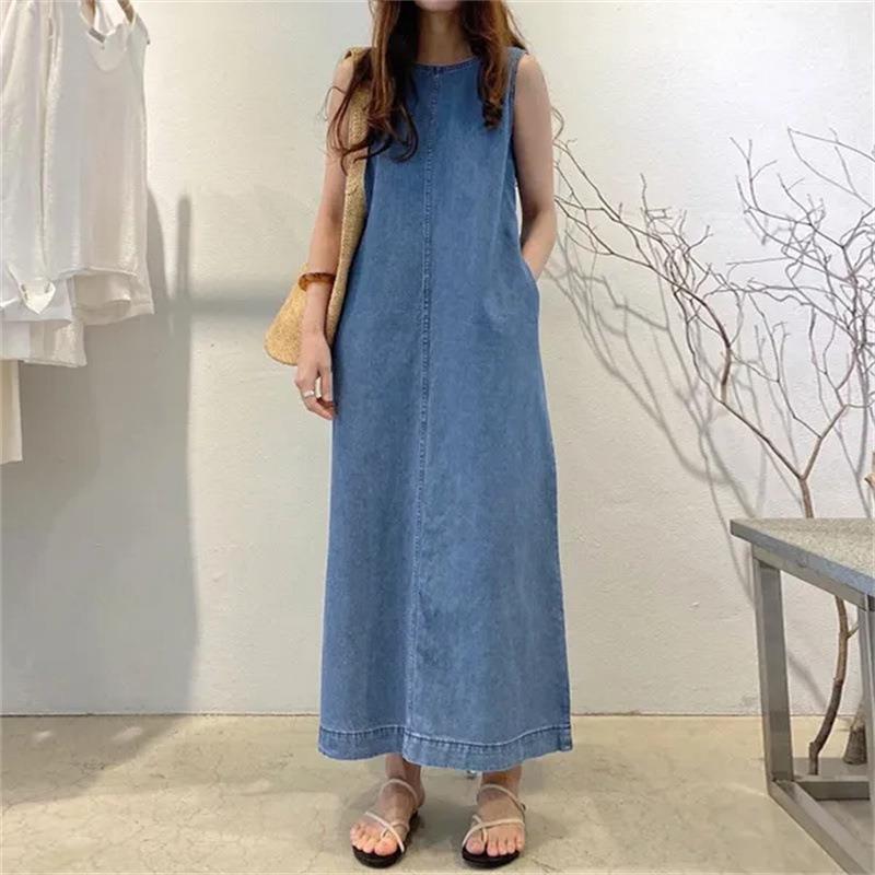Long skirt sleeveless pocket long vest denim robe dress图片