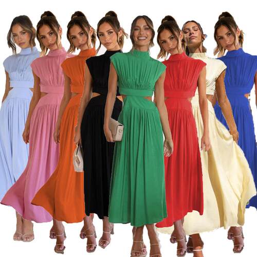 Stand up collar and waist exposed long dress