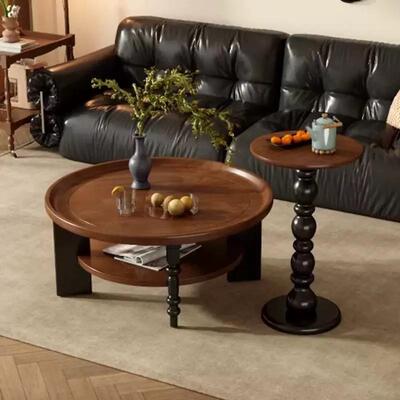 中古风覆古圆形茶几家用茶桌客厅小户型美式实木法式新款客厅边几