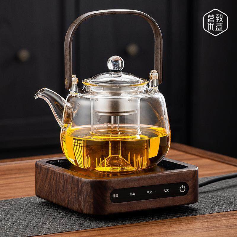 新款北美黑胡桃木实木电陶炉超薄套装耐热玻璃蒸煮茶器养生烧水壶