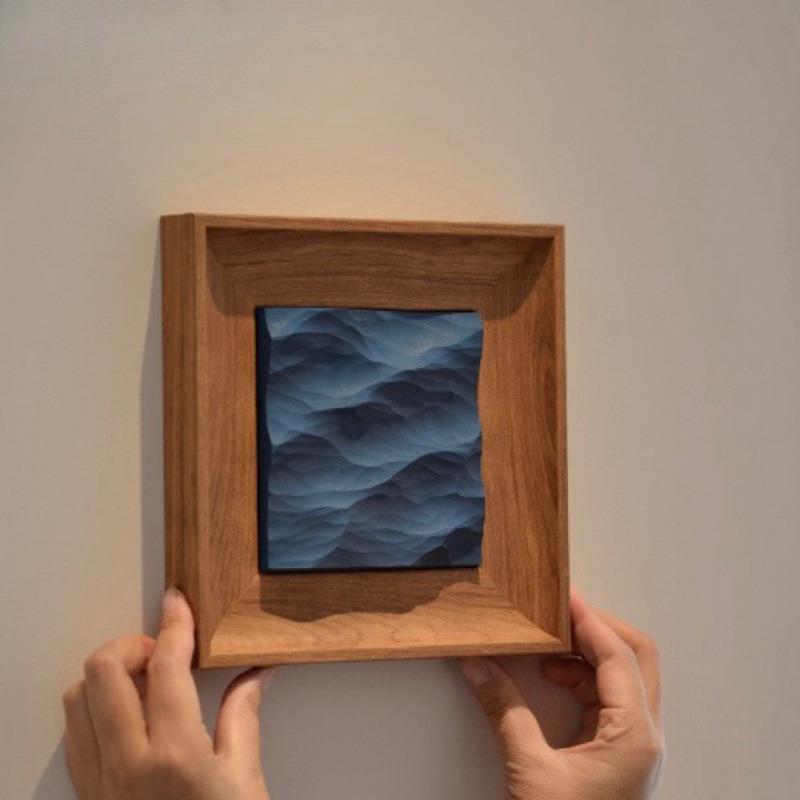 木雕海浪立体挂画木雕小摆件电视柜摆件正方形卧室桌面装饰画手工图片