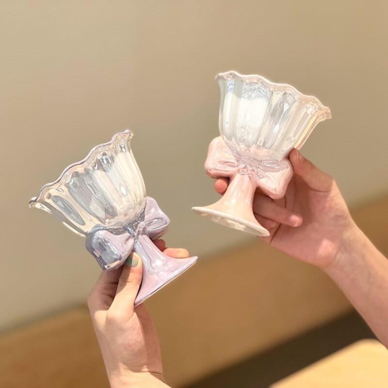 珠光釉蝴蝶结高脚陶瓷杯冰淇淋杯甜点杯高级精致小众礼物伴手礼
