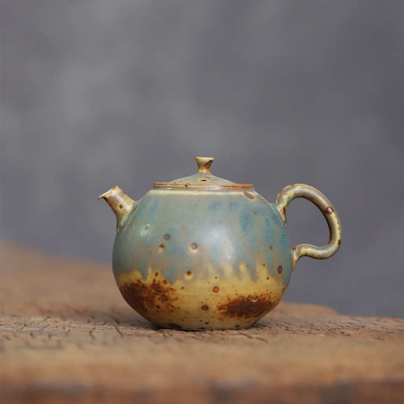景德镇陶瓷粗陶茶壶手拉坯球孔主人壶翡翠绿窑变釉个人把玩壶茶壶