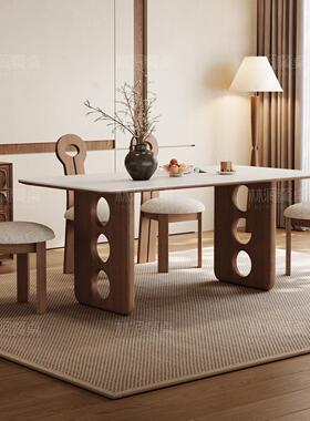 中古风复古纯白岩板餐桌家用小户型2025新款法式长方形实木餐桌椅