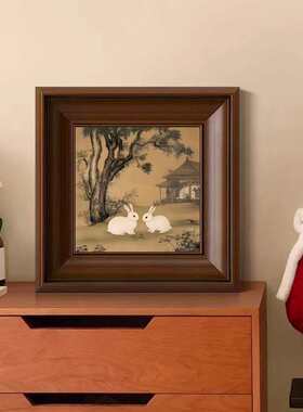宋代美学中古风客厅装饰画复古梧桐双兔餐边柜壁画卧室床头艺术画