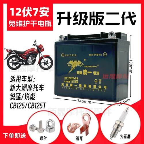 新大洲锐彪CB125锐猛太子男士机车免维护蓄电池12V7A干 干电瓶