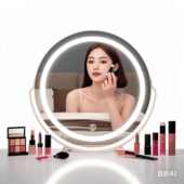 梳妆台网旋转化妆镜台式 可少女镜子智能led卧室光补宿舍桌面心红