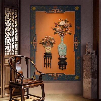 中式覆古玄关装饰画家用茶室大幅壁画客厅古典背景漆画电表箱挂画