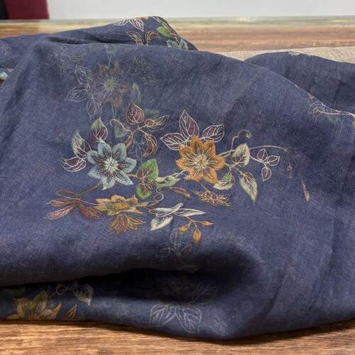 布久以逅香云亚麻印花布连衣裙袍子衬衫服装料砂洗工艺面料 蓝序