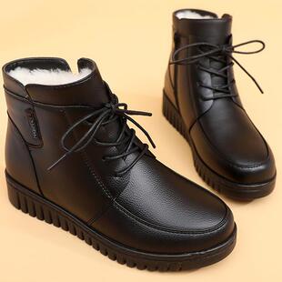 正品冬季妈老妈鞋棉鞋真皮羊毛短平靴加绒女底防滑靴棉皮鞋中年人