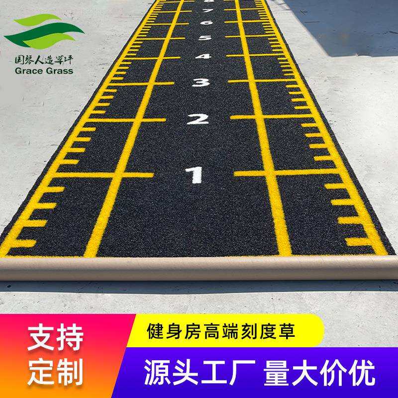 厂家功能性草坪健身房刻度尺图案人造草坪私教工作室黑曲丝地垫