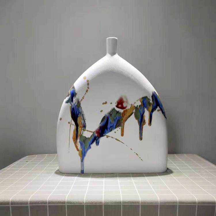 简约田园色釉扁平陶瓷花瓶插花家居装饰电视柜客厅桌面摆件工艺品