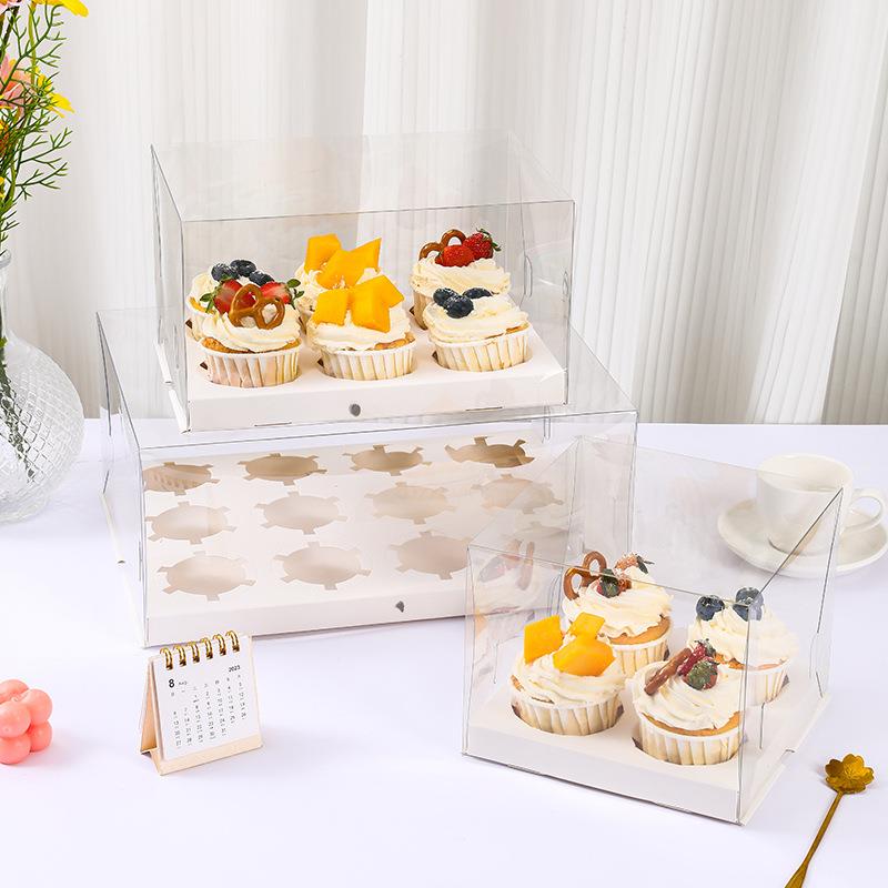 新款透明纸杯蛋糕包装盒2 4 6 12粒马芬盒木糠杯手提打包盒子加高