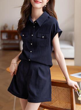 连肩袖衬衫短裤两件套2023年夏季新款通勤舒适轻薄套装女短袖