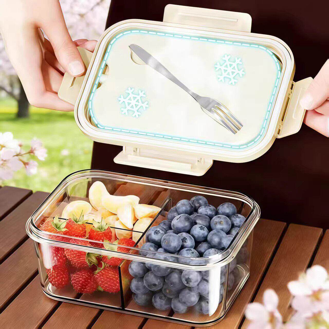 日本水果保鲜盒带冰盒叉子学生便携户外食品级便当移动小冰箱