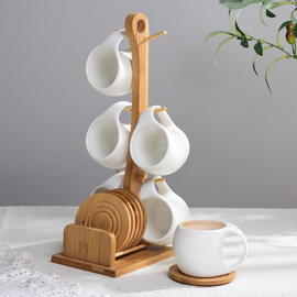 简约花茶具陶瓷咖啡杯碟套装创意6件套骨瓷带架子竹制旋纹底