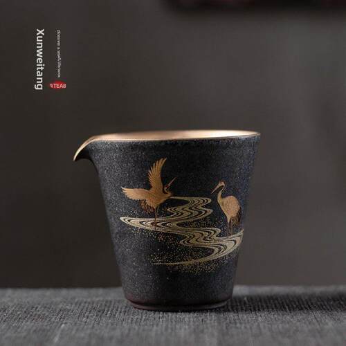 银斑黑陶公道杯｜寻味堂茶海粗陶仙鹤分茶杯覆古家用陶瓷功夫茶具