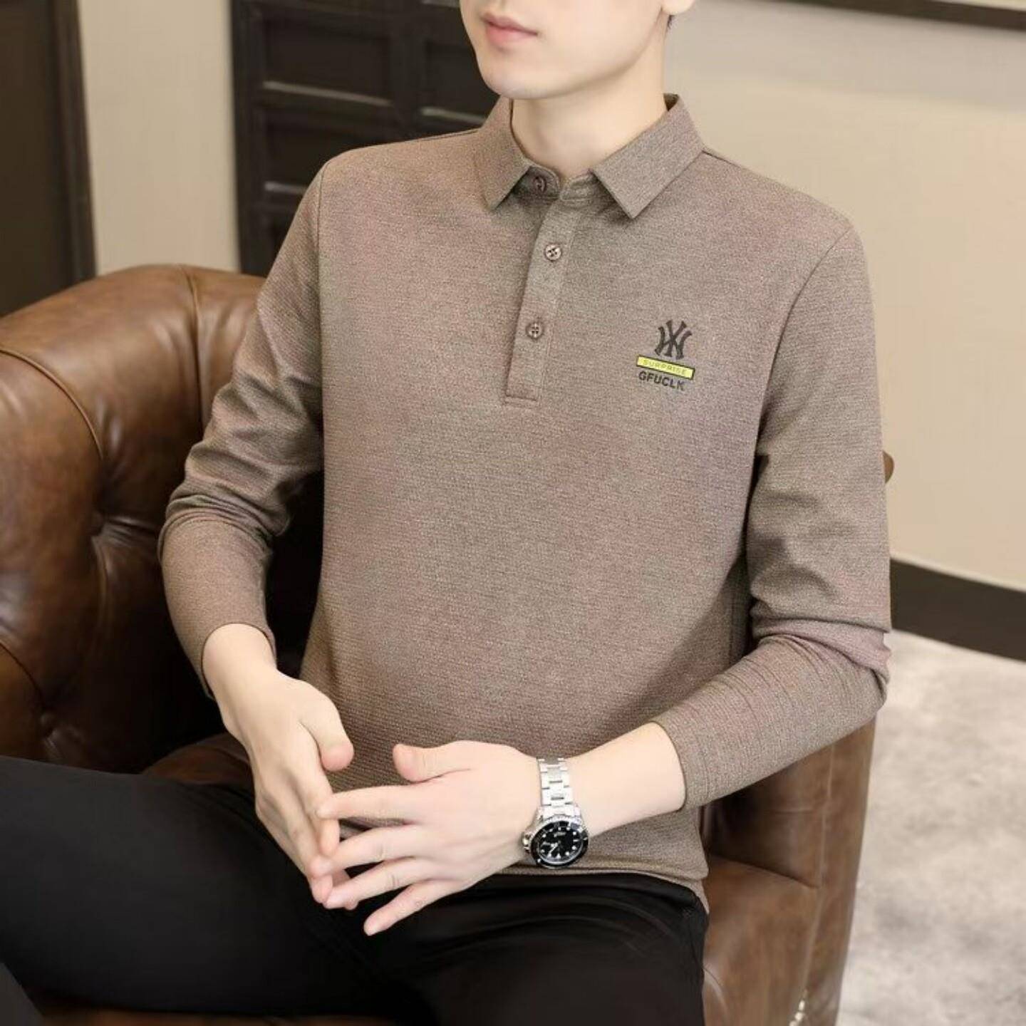 高端POLO衫男春秋季翻领修身男士长袖T恤时尚商务休闲印花打底衫