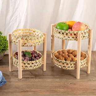 竹编制品簸箕收纳篮双层架子点心盘水果盘竹篮子竹筐馒头筐展示架