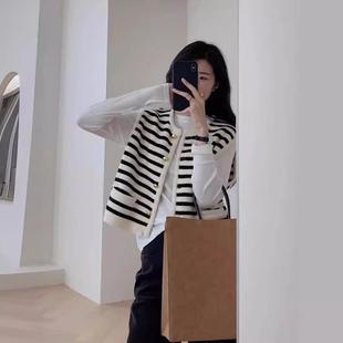 黑白小香风条纹无袖针织马甲外套女春秋开衫外穿毛衣马夹背心上衣