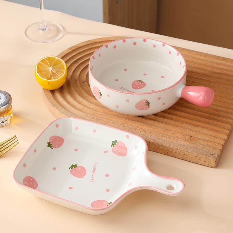 烤盘北欧风餐具陶瓷盘微波炉用网红釉下彩手绘草莓(手柄碗+手柄盘