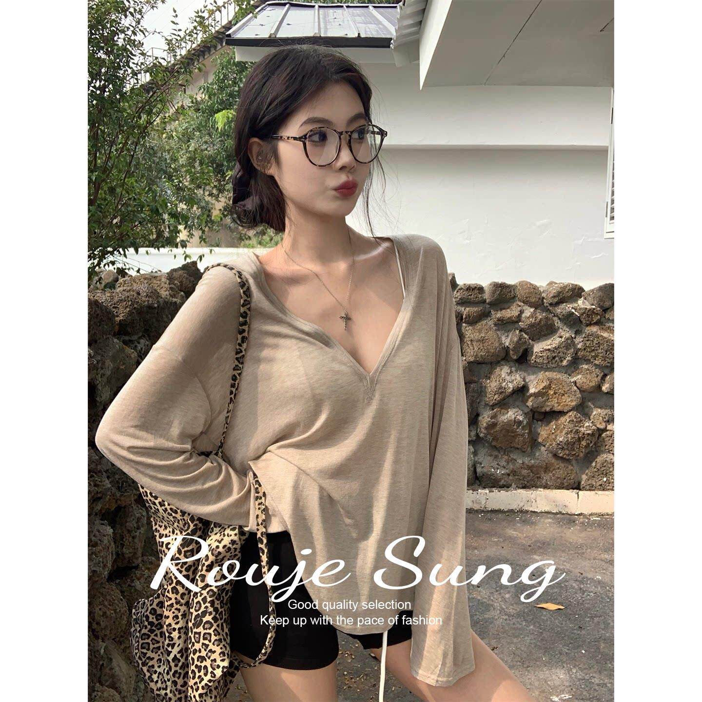 ROUJE SUNG薄款微透视v领长袖T恤女夏季冰丝防晒空调罩衫薄纱上衣