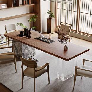 新中式北美黑胡桃木茶桌亚克力桌脚宋式美学办公室泡茶台实木家具