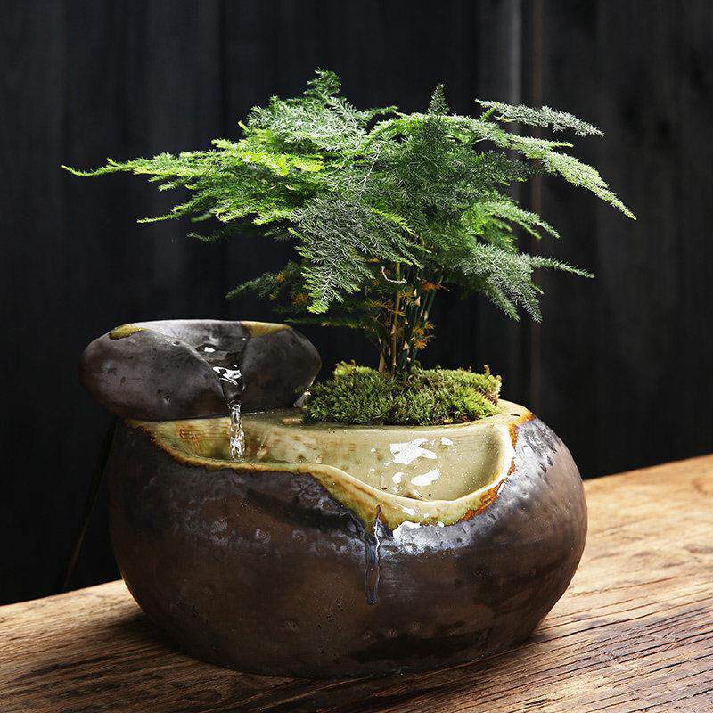 陶瓷流水盆栽室内家居玄关桌面办公 微景观diy招财小摆件开业礼品