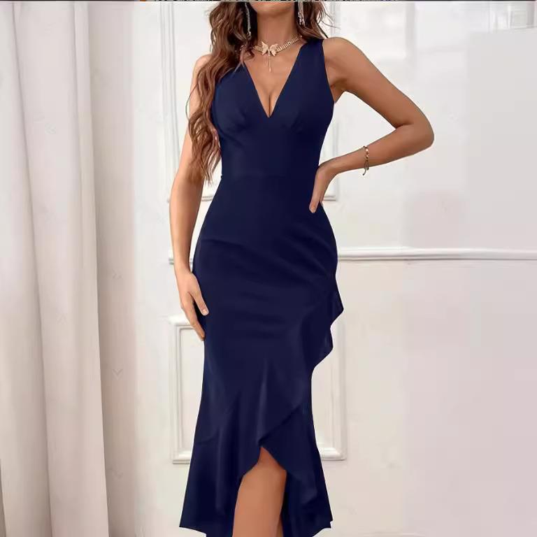 Womens Hip-wrapped Swallowtail Skirt V-neck Sexy Slit