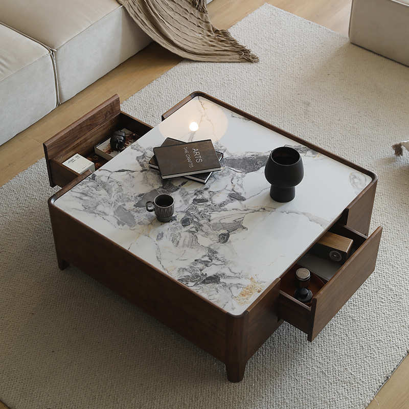 意式轻奢北美黑胡桃木岩板茶几客厅正方形茶台家用简约实木茶桌