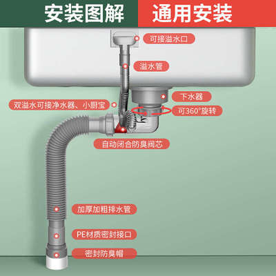 厨房洗菜盆下水管配件水槽单槽全套装防臭排水管三通洗碗槽池通用