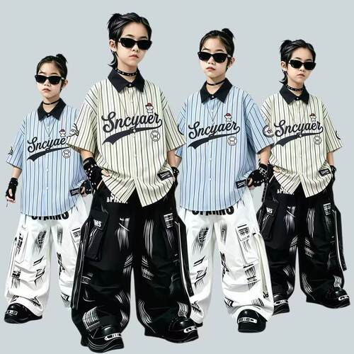 儿童街舞潮服hiphop嘻哈架子鼓表演条纹衬衫男女童走秀爵士演出服