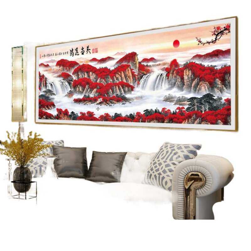 新款十字绣线绣鸿运当头家居客厅山水风景装饰画流水生财手工绣
