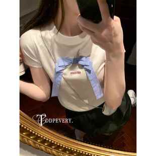 TDDP 蝴蝶结正肩白色短袖T恤女2025新款夏季设计感芭蕾风短款上衣